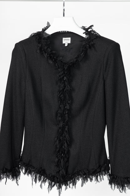 Armani Collezioni Black Crepe Silk-Fringe Jacket