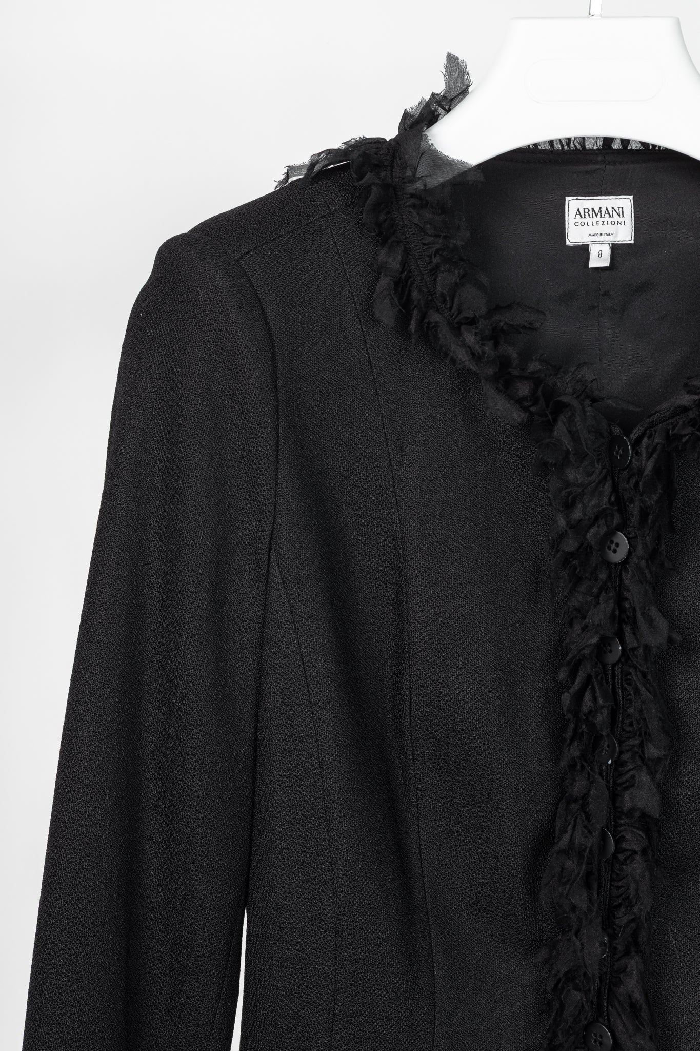 Armani Collezioni Black Crepe Silk-Fringe Jacket