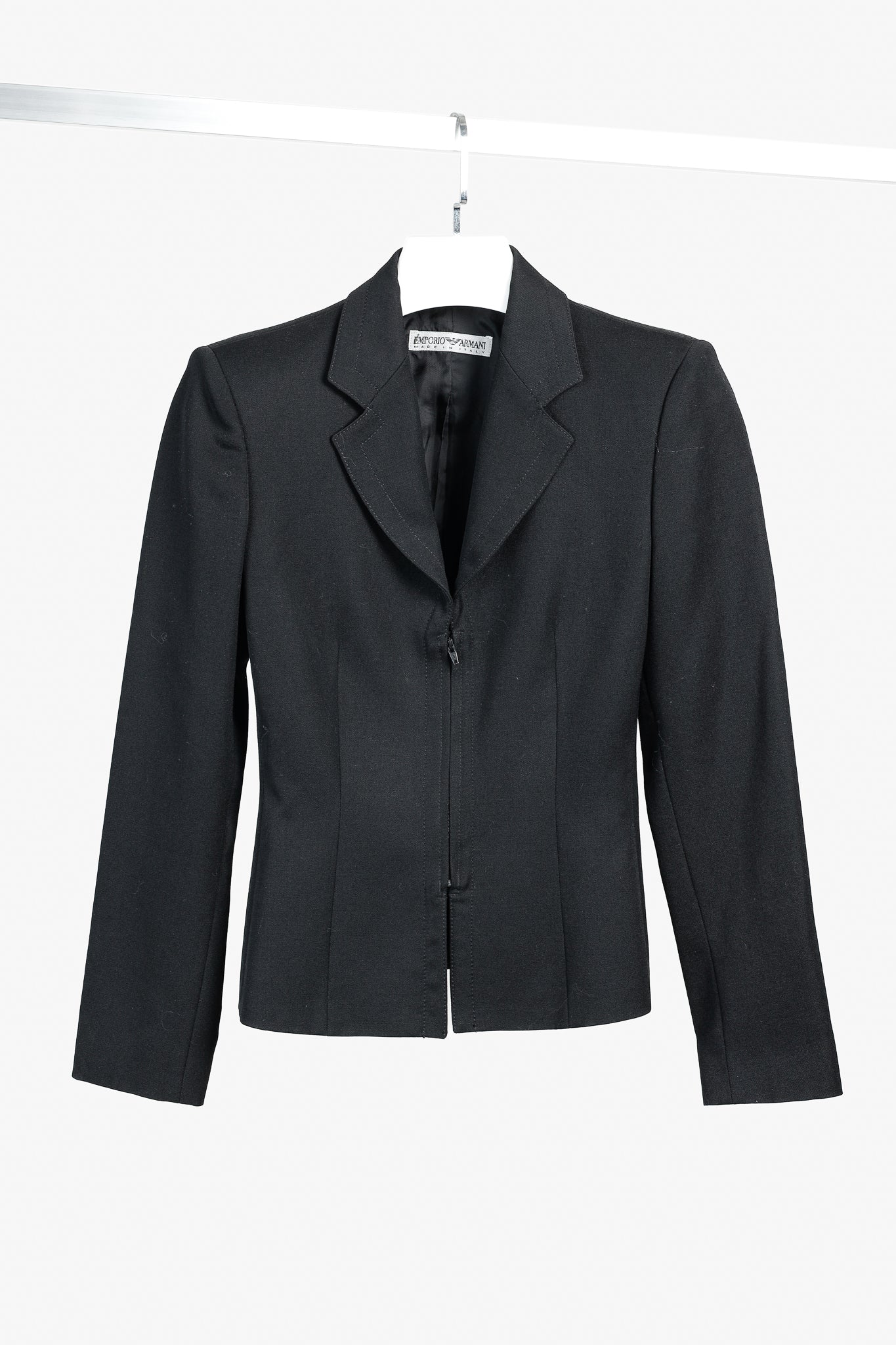 Emporio Armani 2005 Vintage Zip-Up Peplum-Back Black Wool Blazer