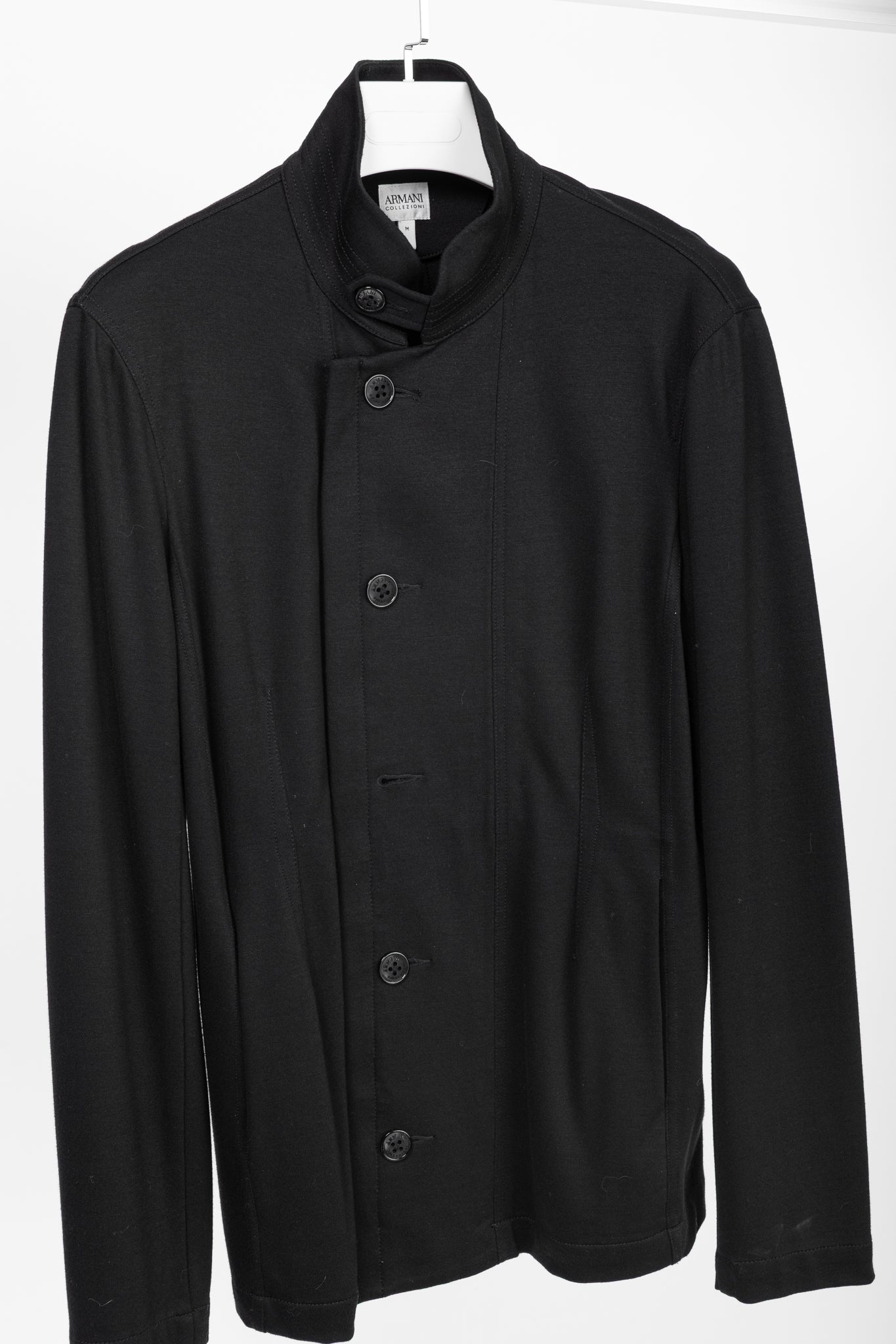 Armani Collezioni Black Jersey Buttoned Stand-Collar Jacket