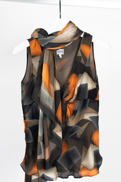 Armani Collezioni Brown & Orange Geometric Silk Tank with Scarf