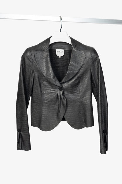 Armani Collezioni Black Croc-Embossed Leather Blazer