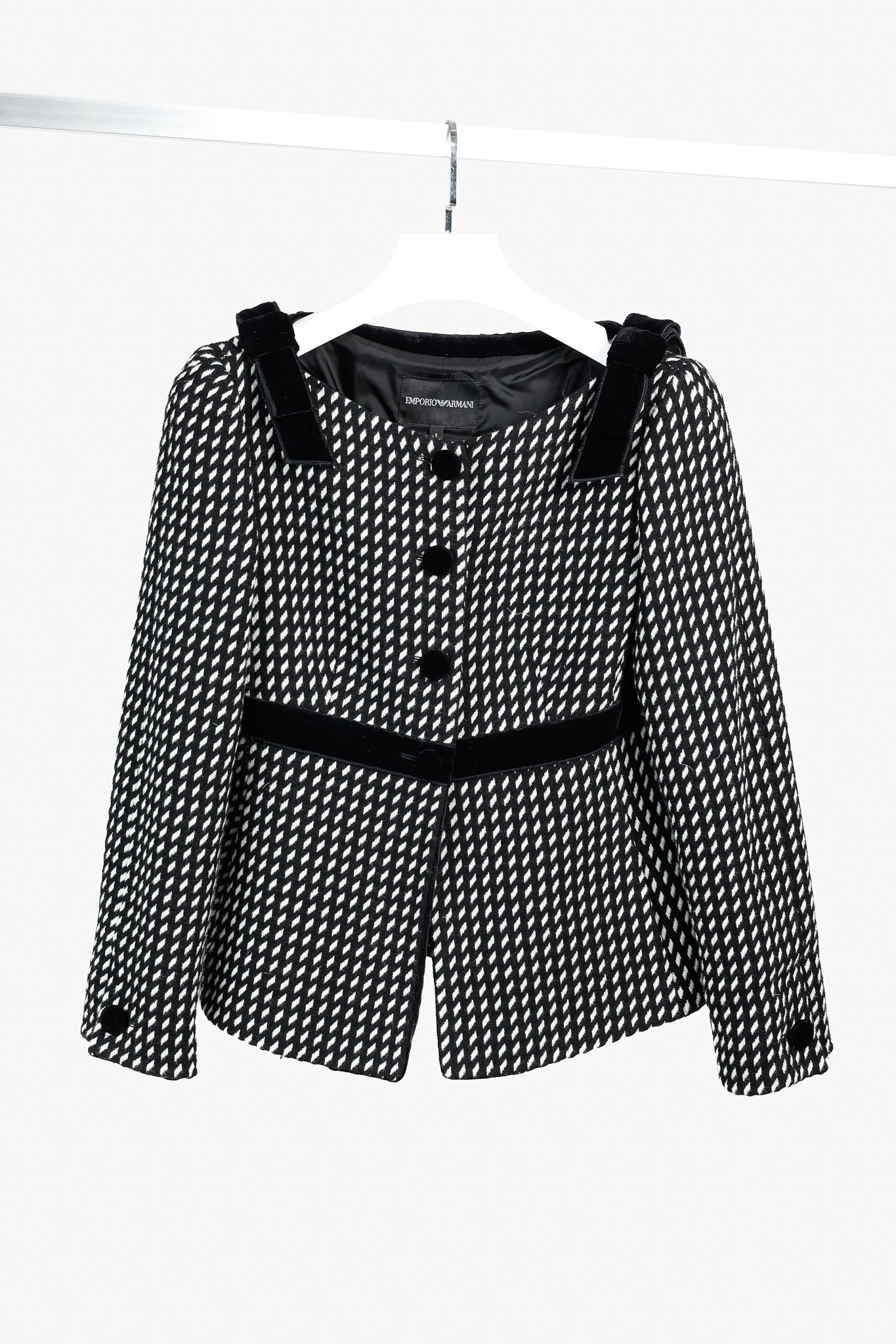 Emporio Armani 2006 Black White Velvet Bow Trimmed Wool Jacket