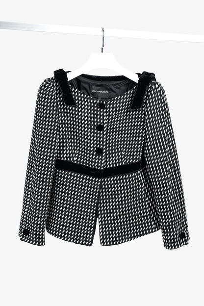 Emporio Armani 2006 Black White Velvet Bow Trimmed Wool Jacket