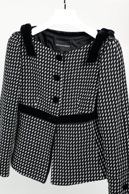 Emporio Armani 2006 Black White Velvet Bow Trimmed Wool Jacket