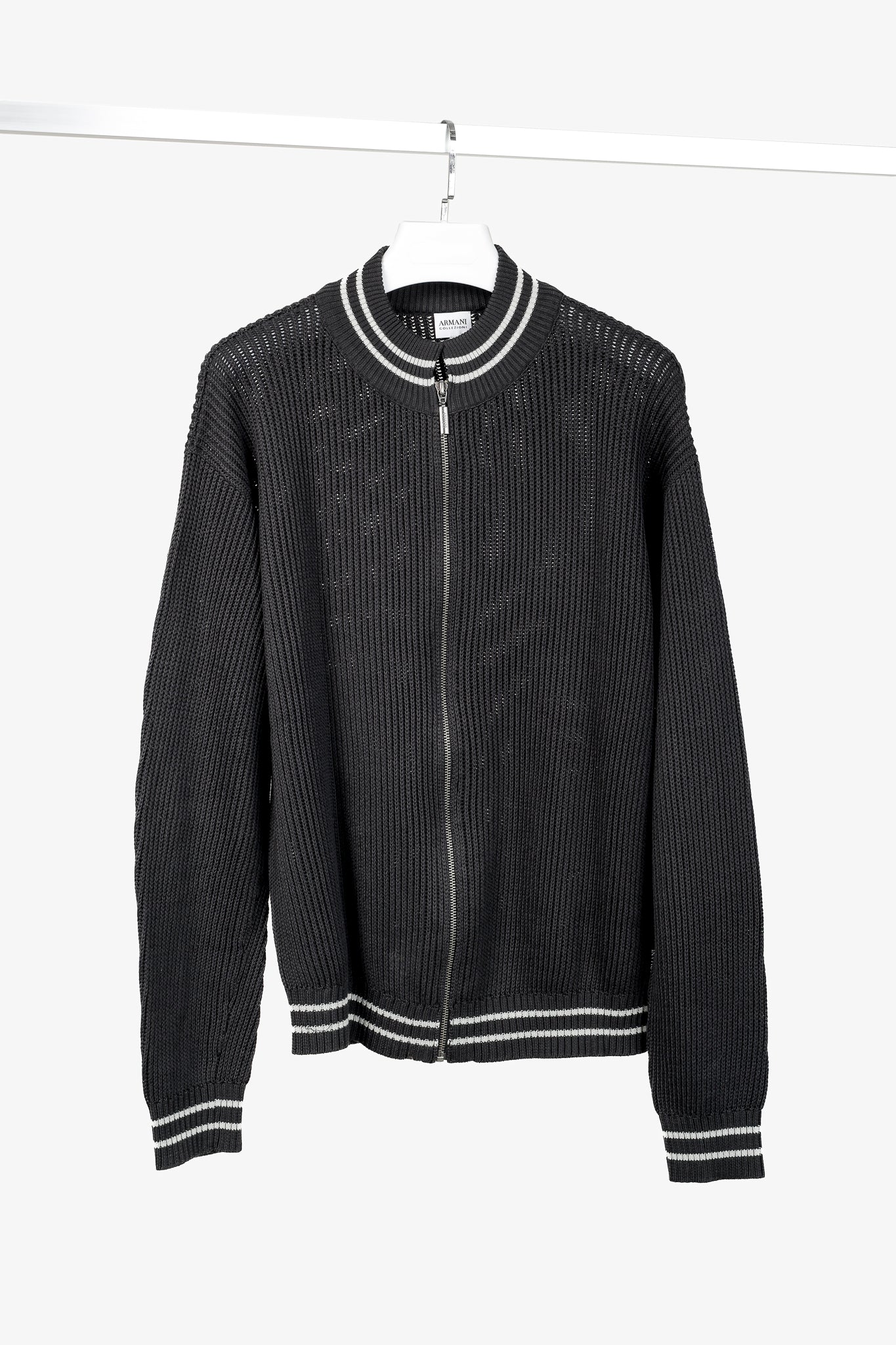 Armani Collezioni Charcoal Cotton-Knit Striped-Accent Zip Jacket