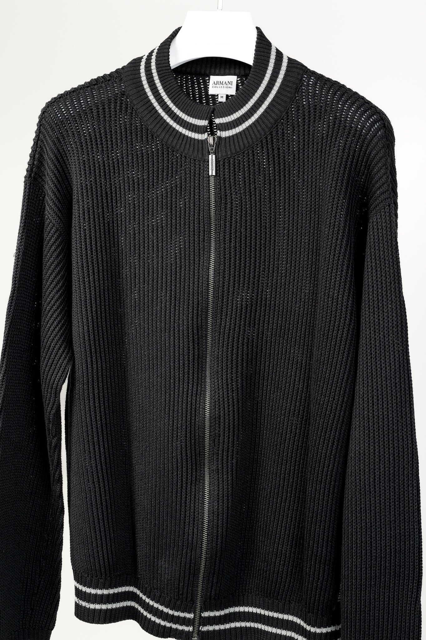 Armani Collezioni Charcoal Cotton-Knit Striped-Accent Zip Jacket