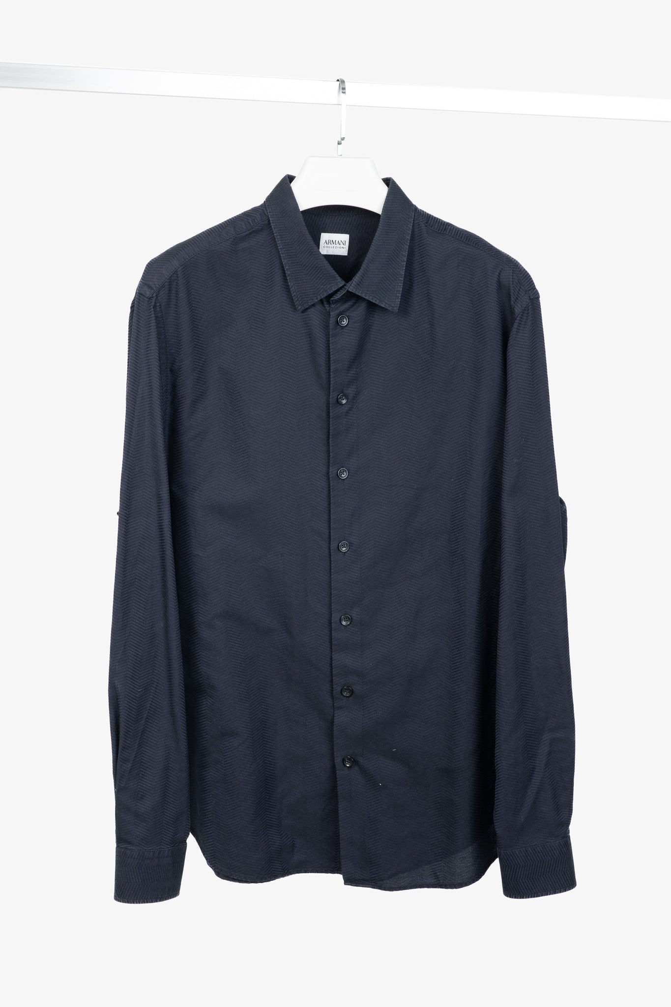 Armani Collezioni Navy Herringbone-Texture Cotton Buttoned Shirt