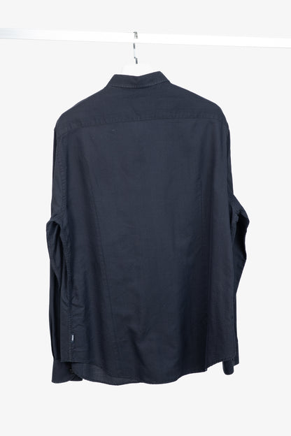 Armani Collezioni Navy Herringbone-Texture Cotton Buttoned Shirt