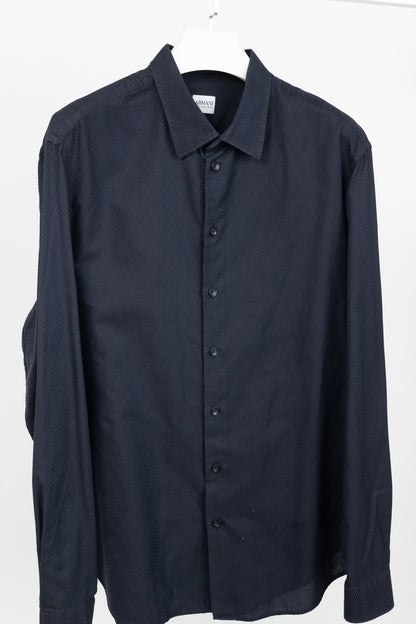 Armani Collezioni Navy Herringbone-Texture Cotton Buttoned Shirt