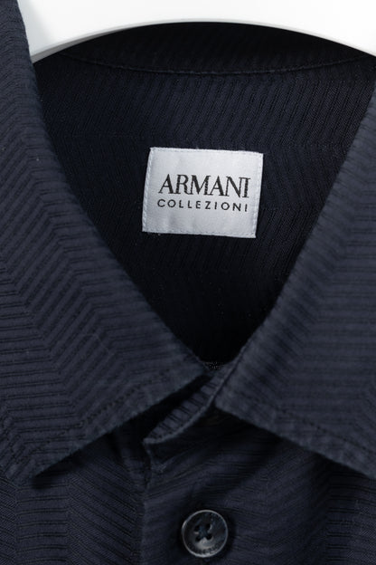 Armani Collezioni Navy Herringbone-Texture Cotton Buttoned Shirt