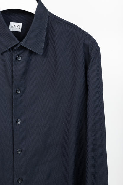 Armani Collezioni Navy Herringbone-Texture Cotton Buttoned Shirt