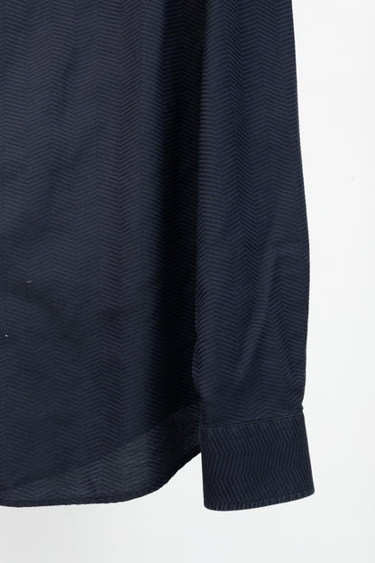 Armani Collezioni Navy Herringbone-Texture Cotton Buttoned Shirt