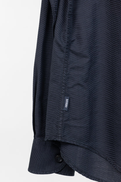 Armani Collezioni Navy Herringbone-Texture Cotton Buttoned Shirt