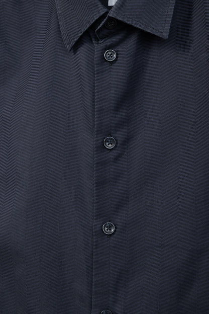 Armani Collezioni Navy Herringbone-Texture Cotton Buttoned Shirt