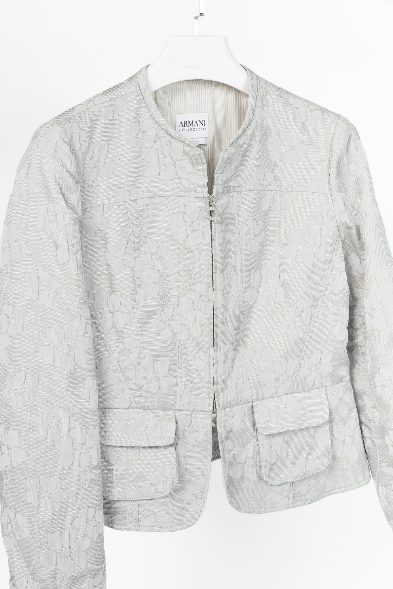 Armani Collezioni Silver Floral-Jacquard Peplum Jacket