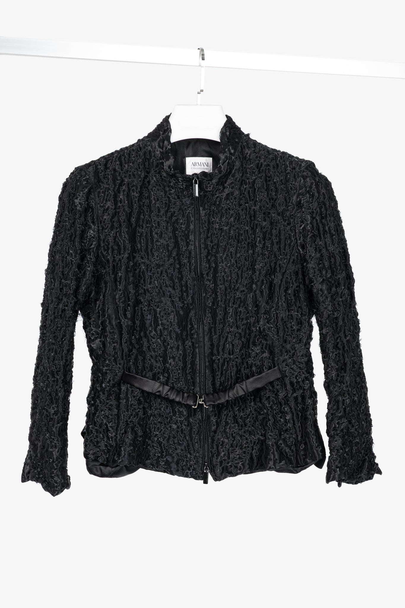 Armani Collezioni Black Puckered-Organza Belted Zip Jacket