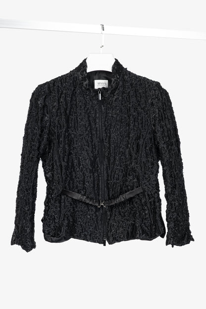 Armani Collezioni Black Puckered-Organza Belted Zip Jacket