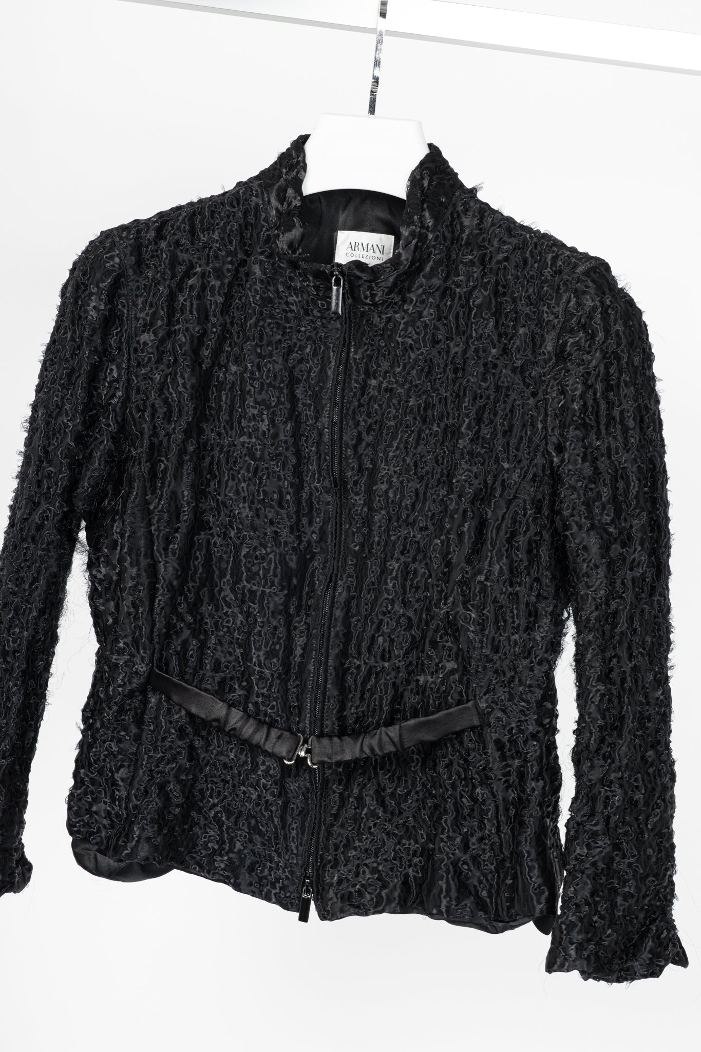 Armani Collezioni Black Puckered-Organza Belted Zip Jacket