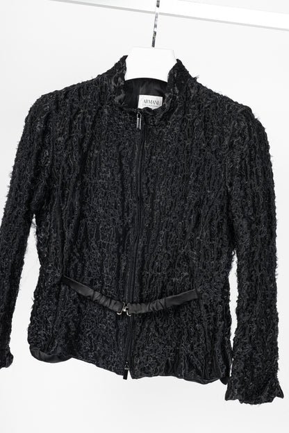 Armani Collezioni Black Puckered-Organza Belted Zip Jacket