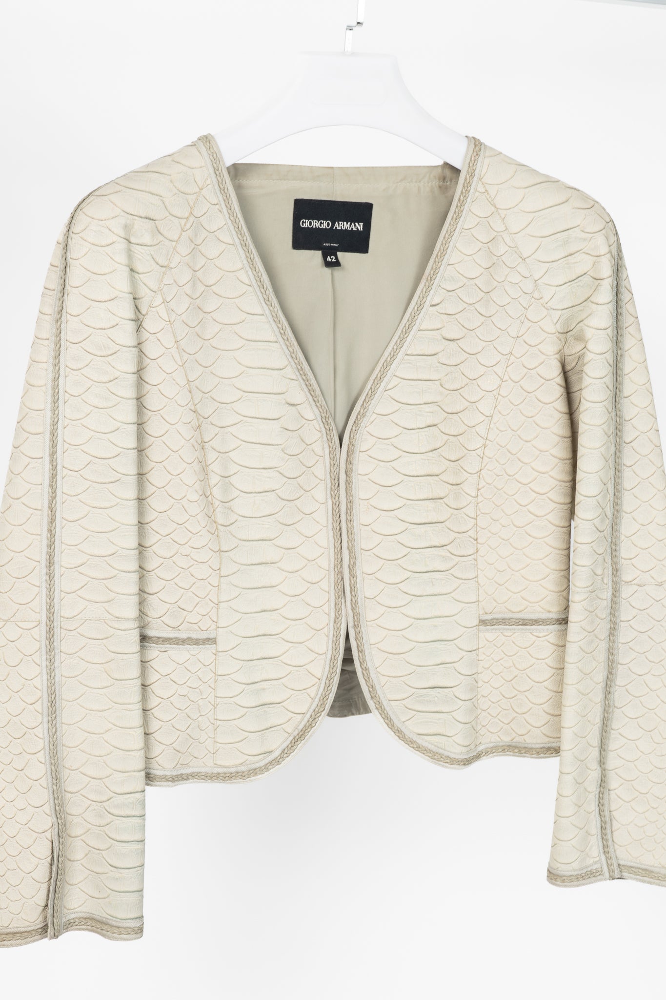 Giorgio Armani Beige Reptile-Embossed Leather Jacket