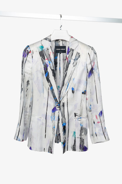 Giorgio Armani R14 Light Grey Watercolour Silk Satin Blazer