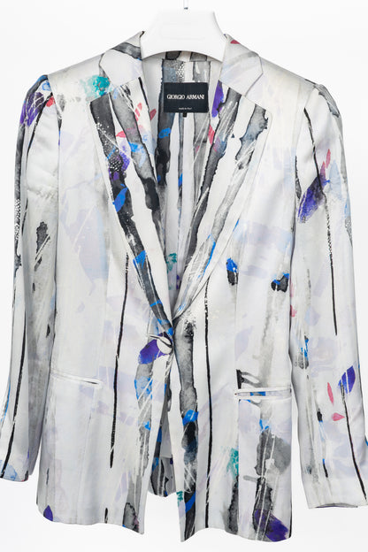 Giorgio Armani R14 Light Grey Watercolour Silk Satin Blazer