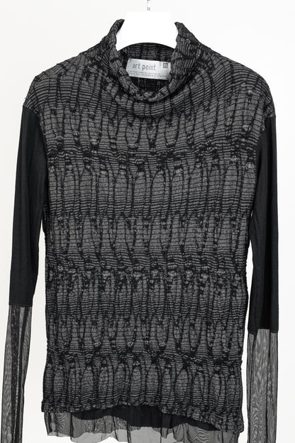 Art Point Black Grey Abstract Design Mesh Detail Long Sleeve Top