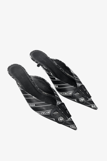 Balenciaga Black & White Logo-Printed BB Knife Mules