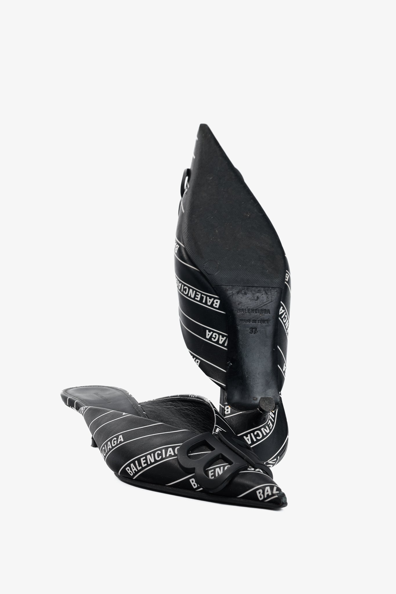 Balenciaga Black & White Logo-Printed BB Knife Mules