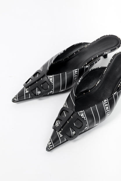 Balenciaga Black & White Logo-Printed BB Knife Mules