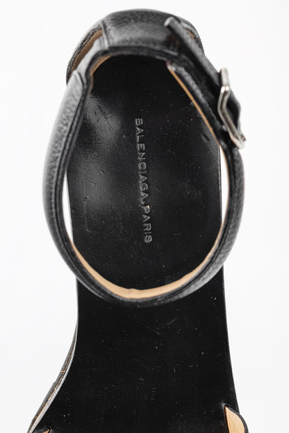 Balenciaga Black Pebbled Leather Ankle-Strap Flatform Sandals