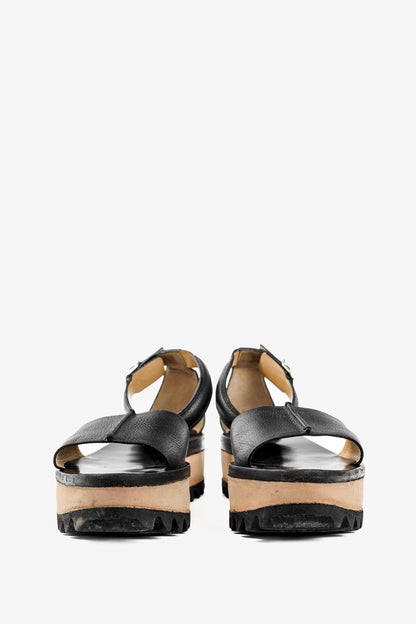 Balenciaga Black Pebbled Leather Ankle-Strap Flatform Sandals