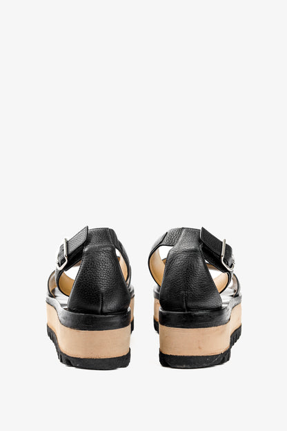 Balenciaga Black Pebbled Leather Ankle-Strap Flatform Sandals