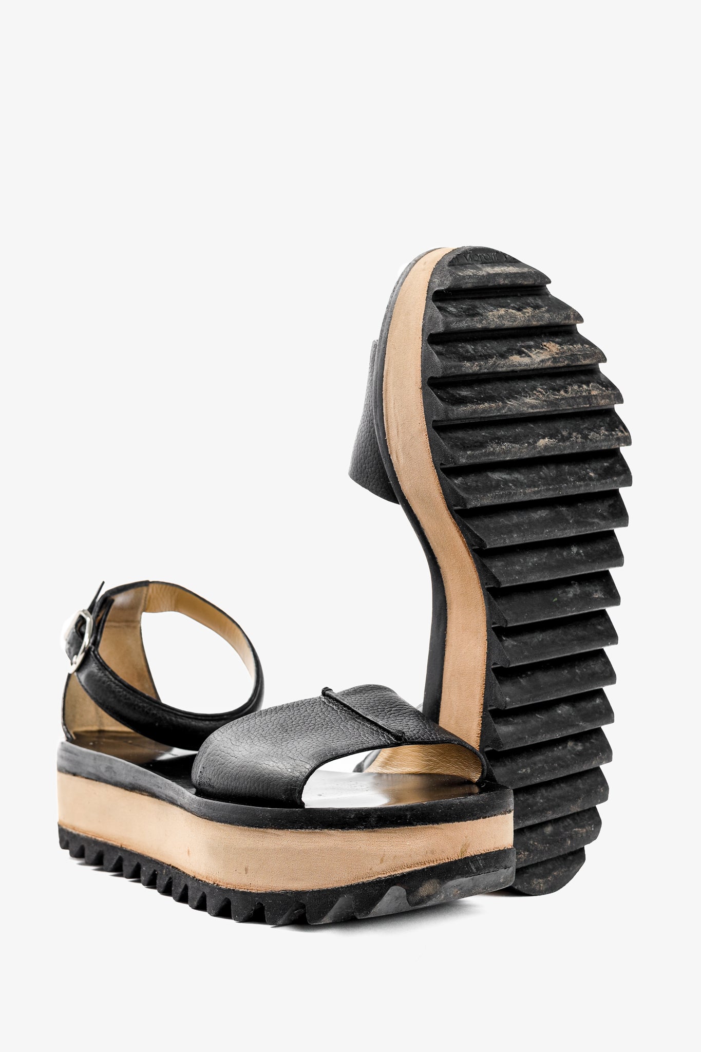 Balenciaga Black Pebbled Leather Ankle-Strap Flatform Sandals