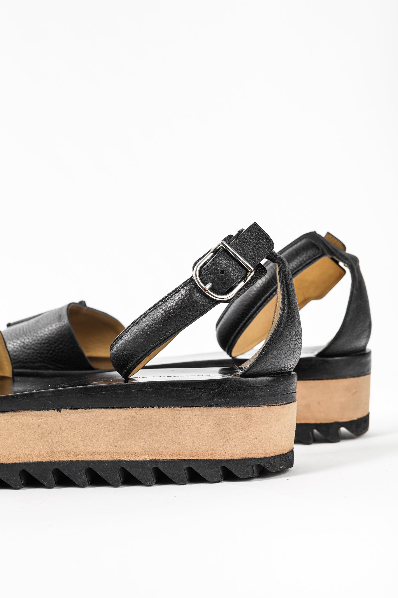 Balenciaga Black Pebbled Leather Ankle-Strap Flatform Sandals