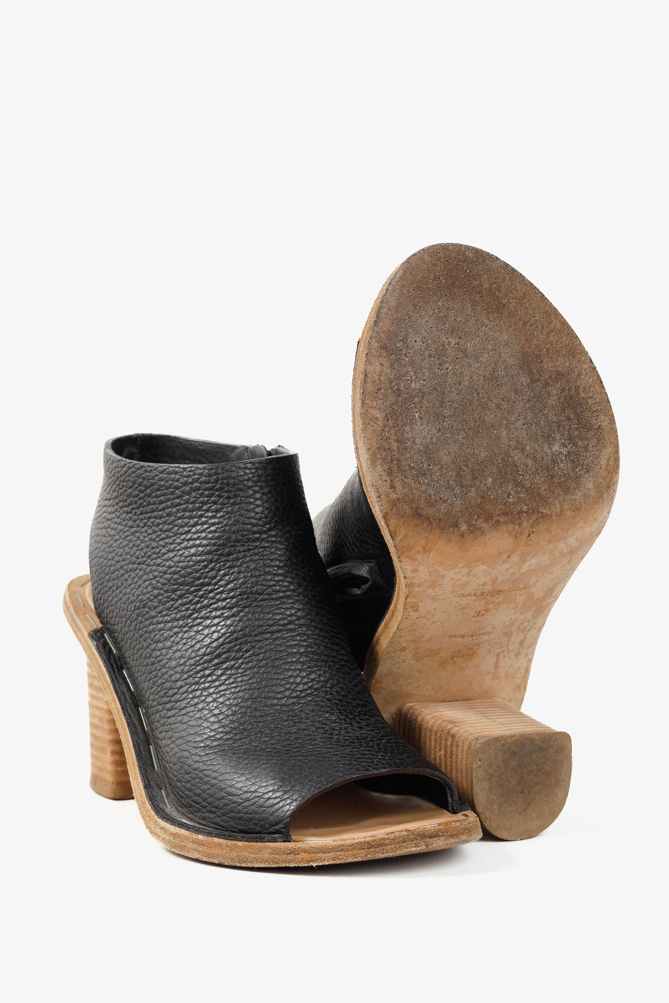 Balenciaga Black Pebbled-Leather Peep-Toe Sandals