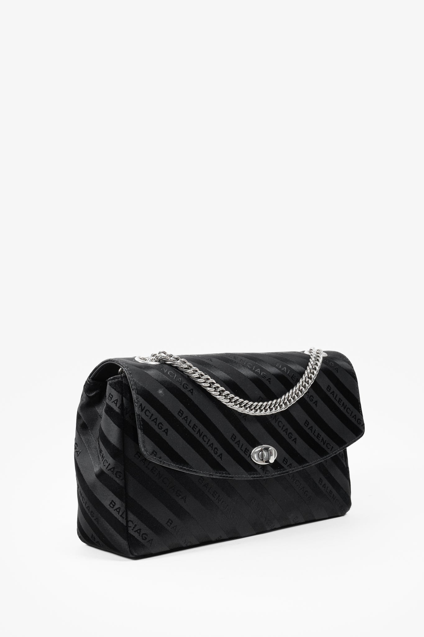 Balenciaga Black Satin Diagonal Logo S Lock Round Shoulder Bag