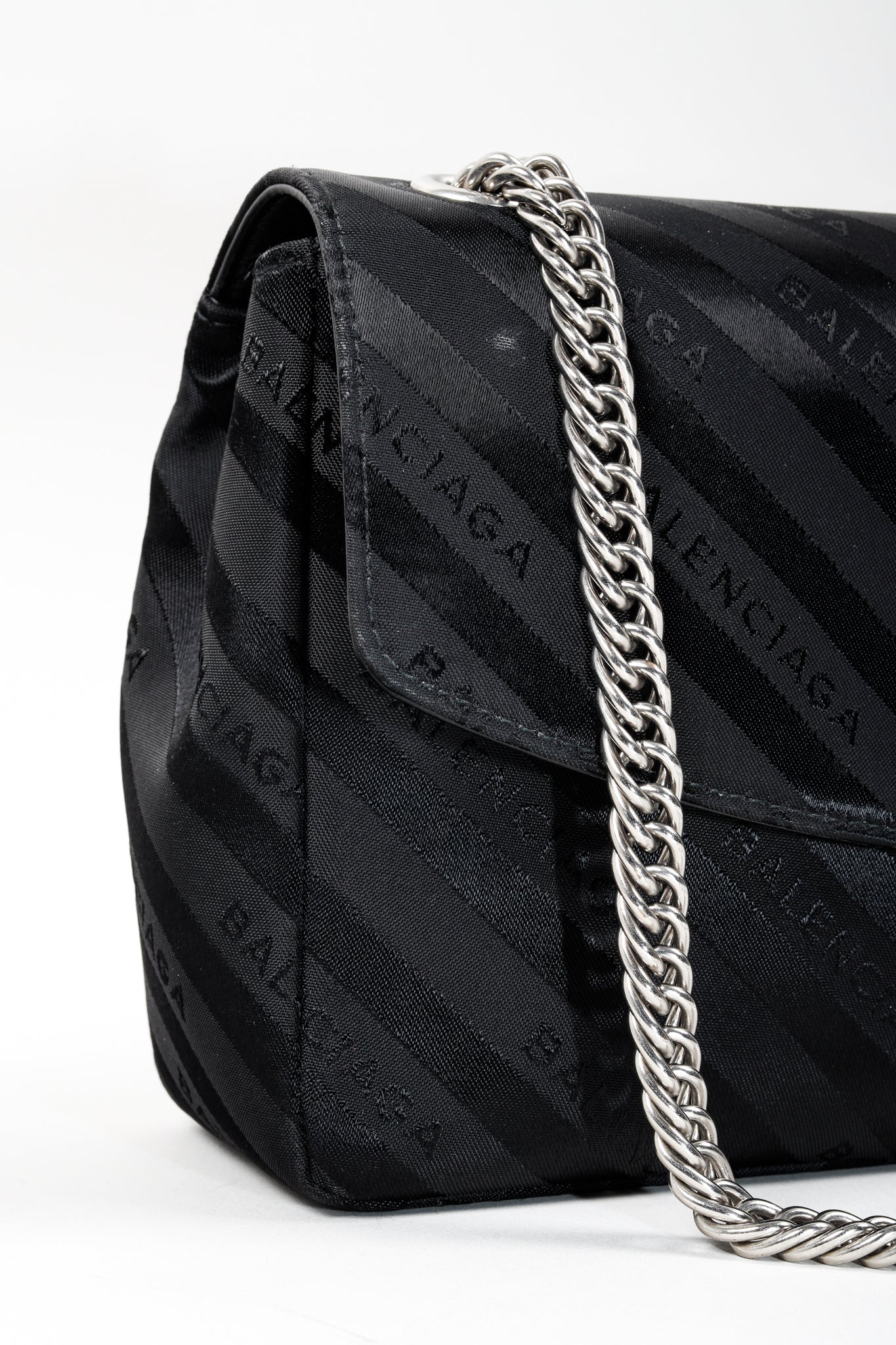 Balenciaga Black Satin Diagonal Logo S Lock Round Shoulder Bag