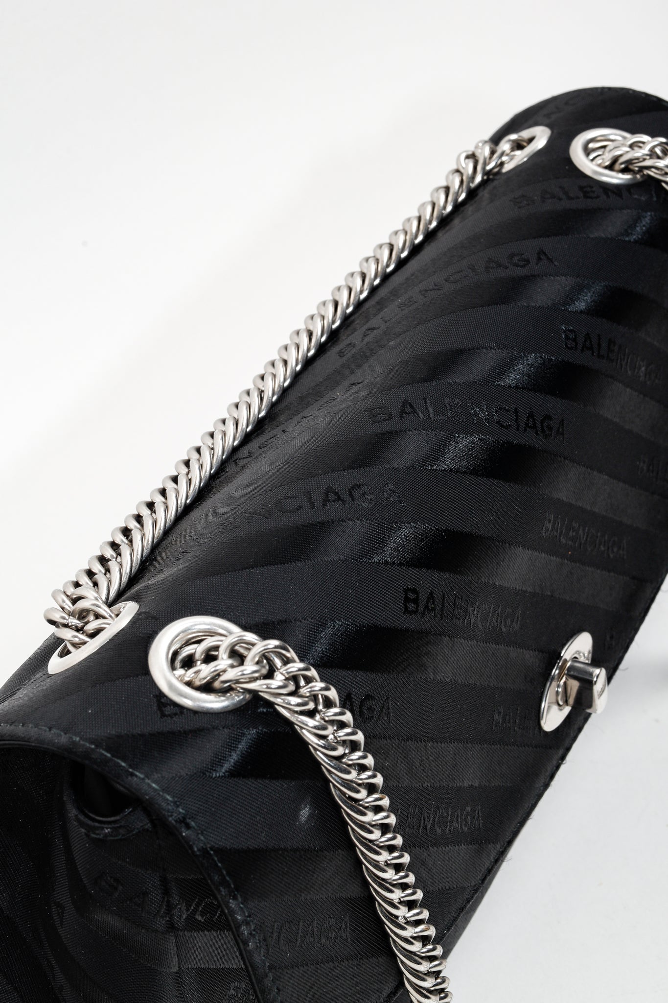 Balenciaga Black Satin Diagonal Logo S Lock Round Shoulder Bag