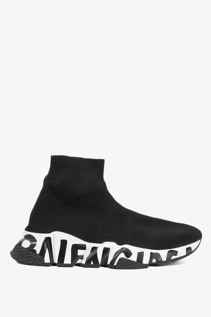 Balenciaga Speed Black & White Graffiti Knit Sock Sneakers