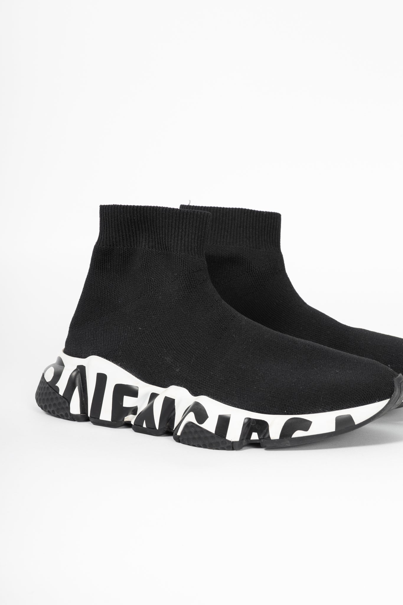 Balenciaga Speed Black & White Graffiti Knit Sock Sneakers
