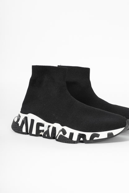 Balenciaga Speed Black & White Graffiti Knit Sock Sneakers