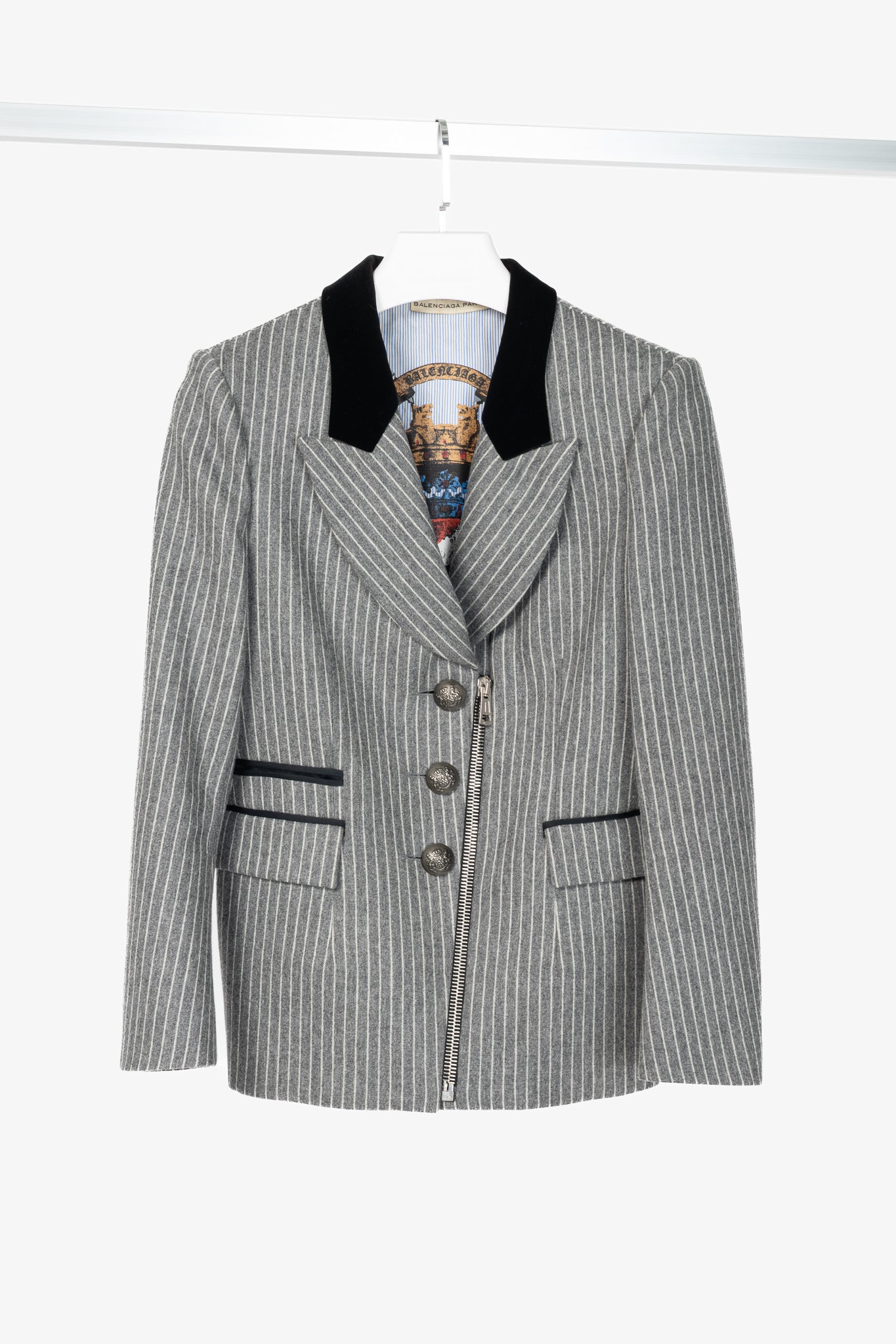 Balenciaga AW07 Grey Pinstripe Wool-Flannel Velvet-Lapel Blazer