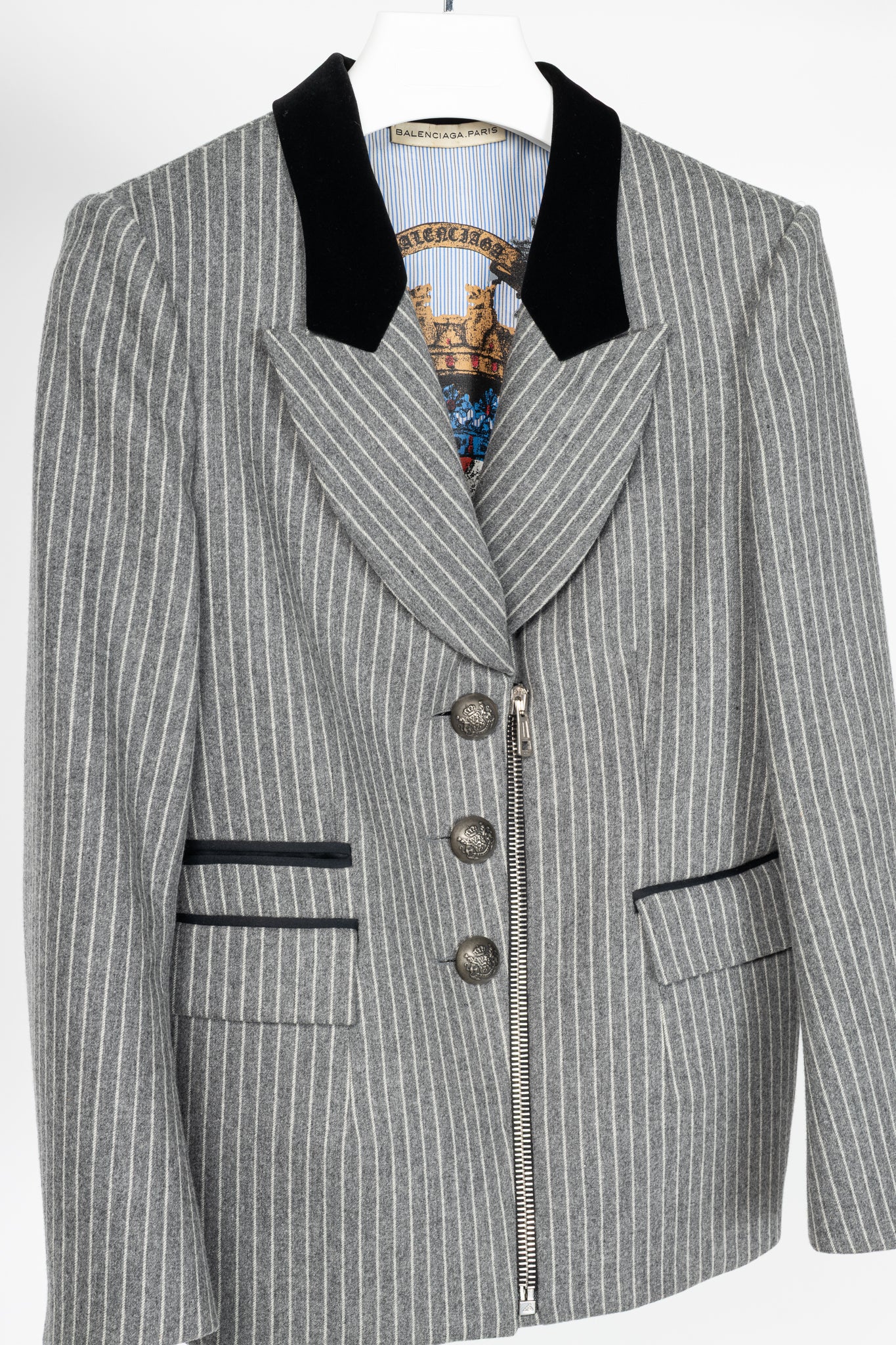 Balenciaga AW07 Grey Pinstripe Wool-Flannel Velvet-Lapel Blazer