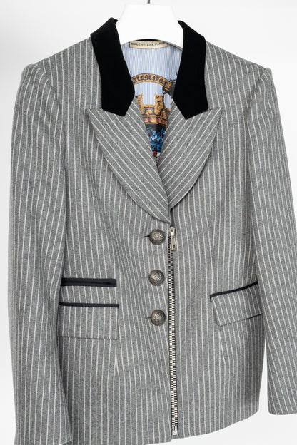 Balenciaga AW07 Grey Pinstripe Wool-Flannel Velvet-Lapel Blazer