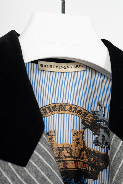 Balenciaga AW07 Grey Pinstripe Wool-Flannel Velvet-Lapel Blazer
