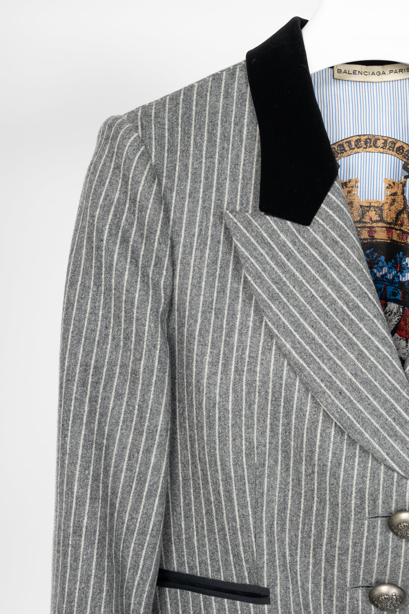 Balenciaga AW07 Grey Pinstripe Wool-Flannel Velvet-Lapel Blazer