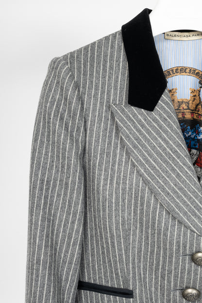 Balenciaga AW07 Grey Pinstripe Wool-Flannel Velvet-Lapel Blazer