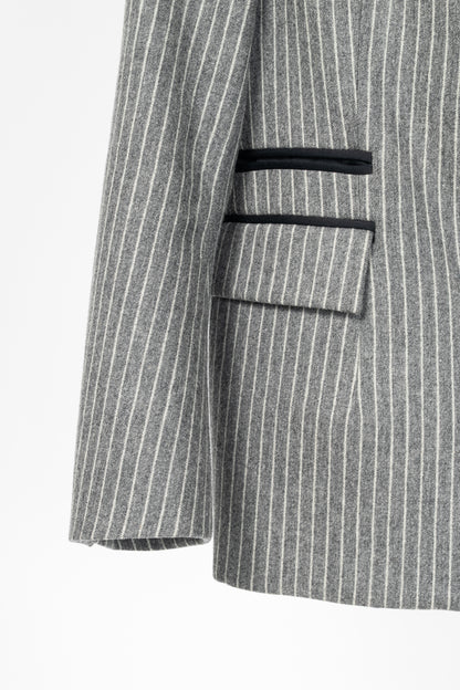 Balenciaga AW07 Grey Pinstripe Wool-Flannel Velvet-Lapel Blazer